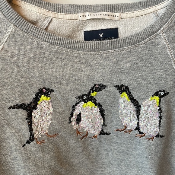 American Eagle Outfitters Penguin Sequin Crew Neck Sweatshirt in Gray S - Picture 3 of 15